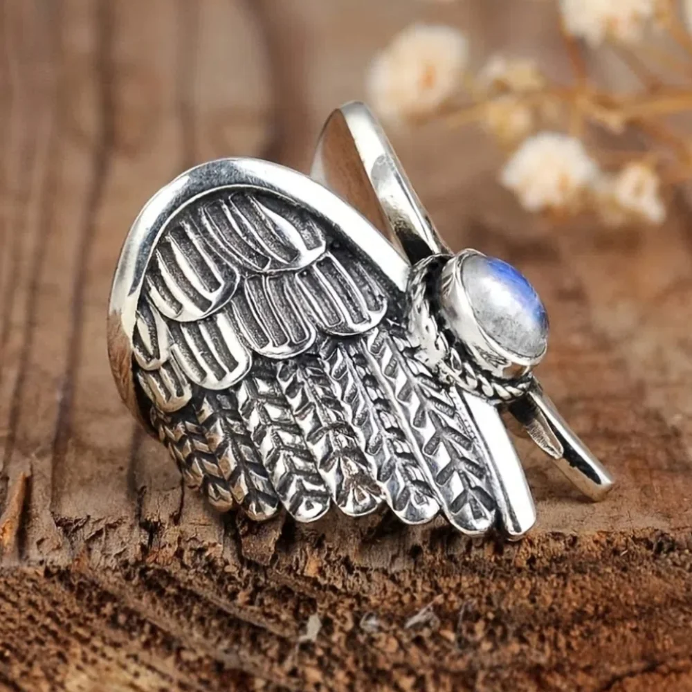Angel Wings Moonstone Feather Ring Silver Plated Lab Created Gem Multiple Sizes - Picture 5 of 12